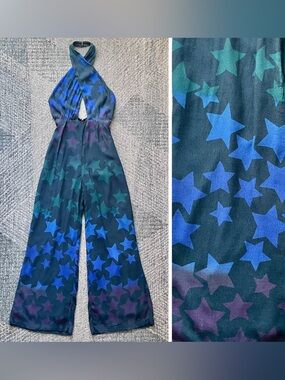 Rare MARA HOFFMAN Starblast Jumpsuit Blue Cross Halter Neck Wide Leg Star Print